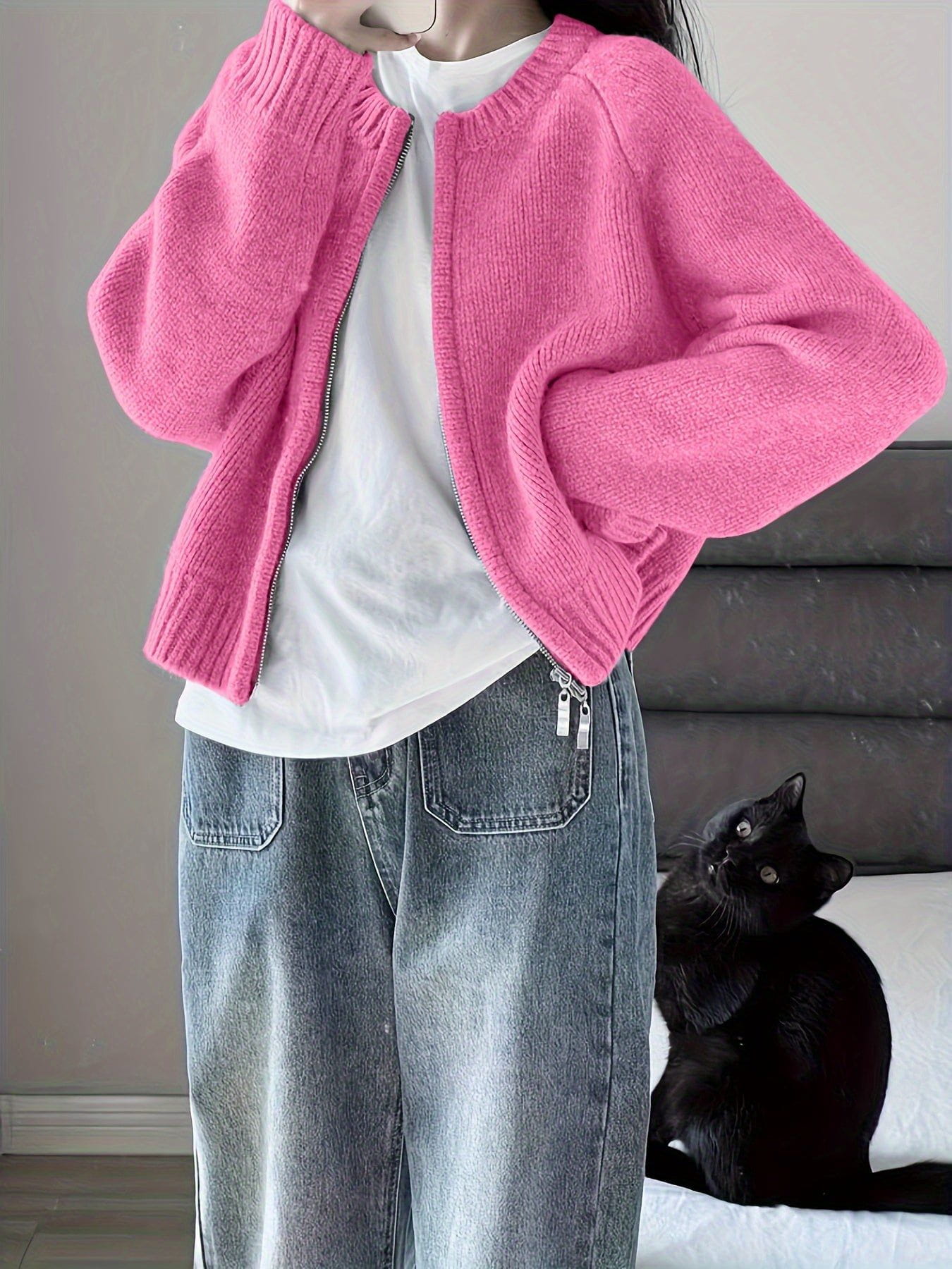 Lavinque Cardigan Cardigan Oversize Zippé | Rose | Doux et Confortable
