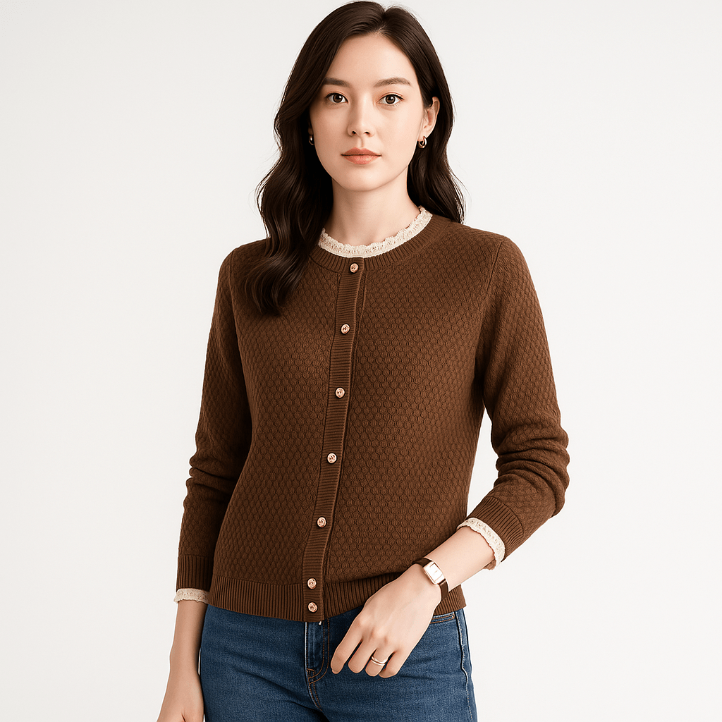 Lavinque Cardigan Gilet à Dentelle Élégant | Boutons Dorés | Maille Texturée Chic