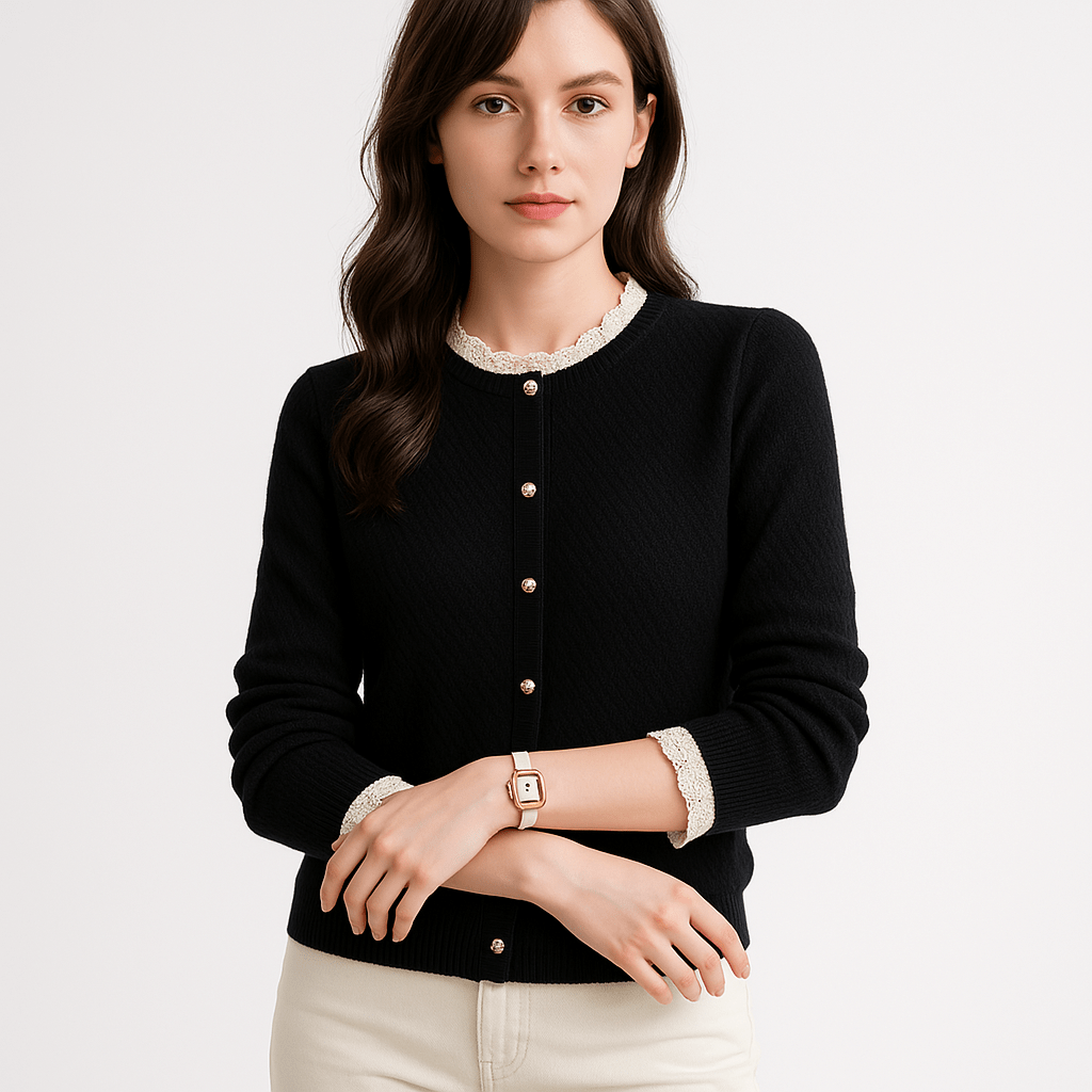 Lavinque Cardigan Gilet à Dentelle Élégant | Boutons Dorés | Maille Texturée Chic
