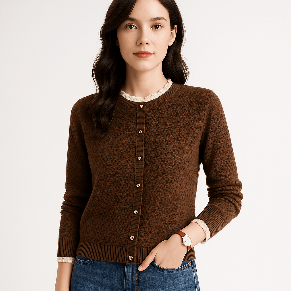 Lavinque Cardigan Gilet à Dentelle Élégant | Boutons Dorés | Maille Texturée Chic
