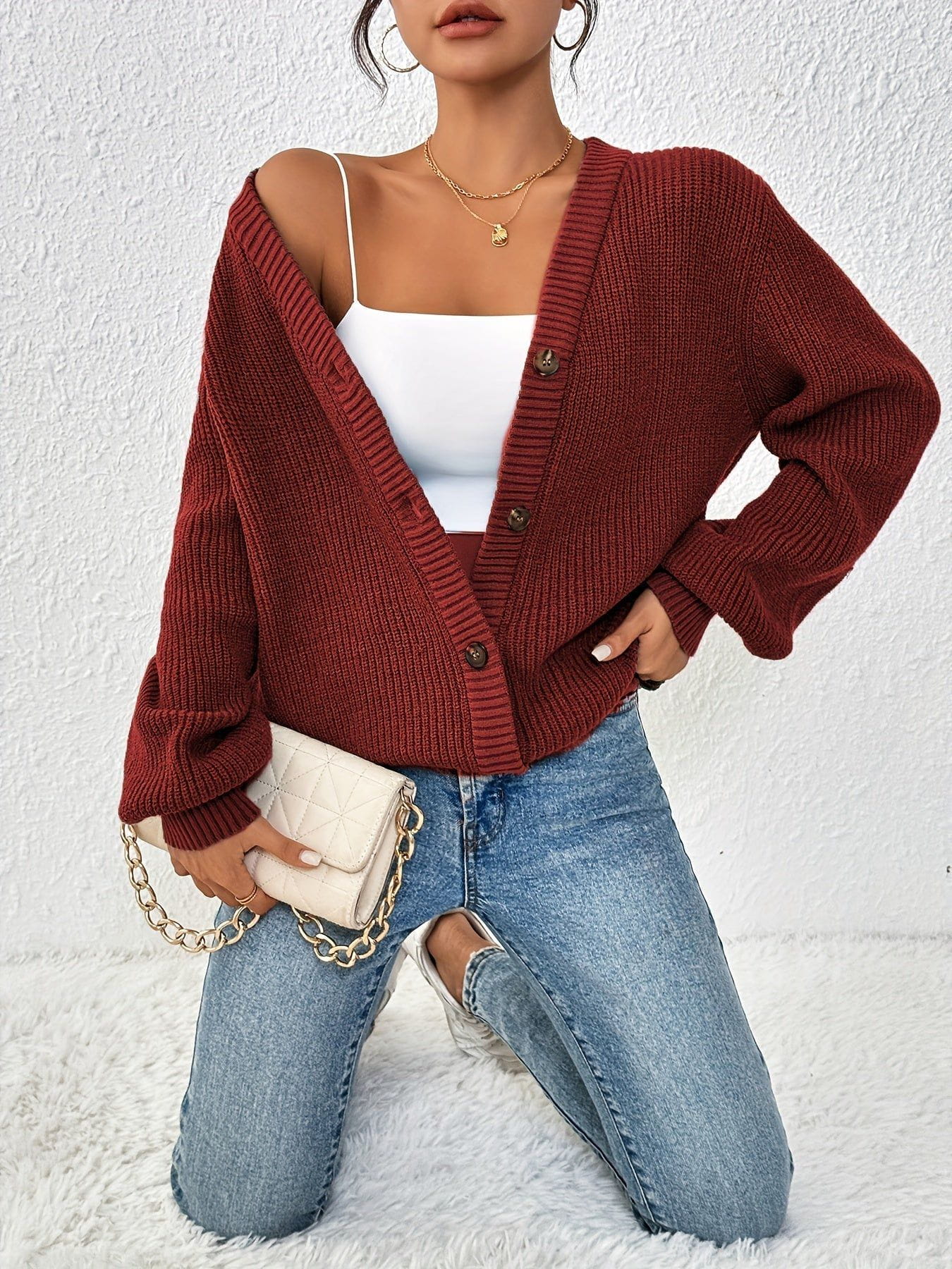 Lavinque Cardigan Gilet Brique à Col V | Boutonné | Doux et Facile à Superposer