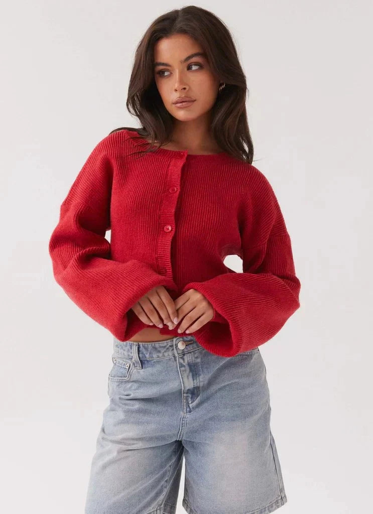 Lavinque Cardigan Gilet Court Rouge | Col Rond | Doux et Tendance