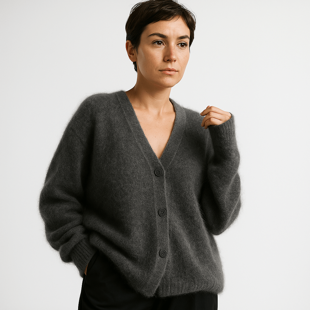 Lavinque Cardigan Gris foncé / S Cardigan Gris Duveteux | Col V | Chaleur et Élégance