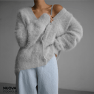 Lavinque Cardigan Gris / S Cardigan Doux en Maille Poilue | Chaleur & Élégance Décontractée | Confort Absolu
