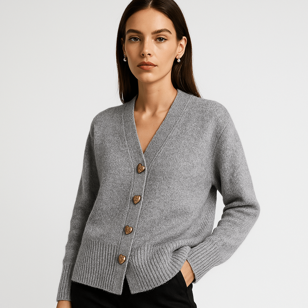 Lavinque Cardigan Gris / S Cardigan Gris | Col V & Boutons Effet Écaille | Maille Douce et Élégante