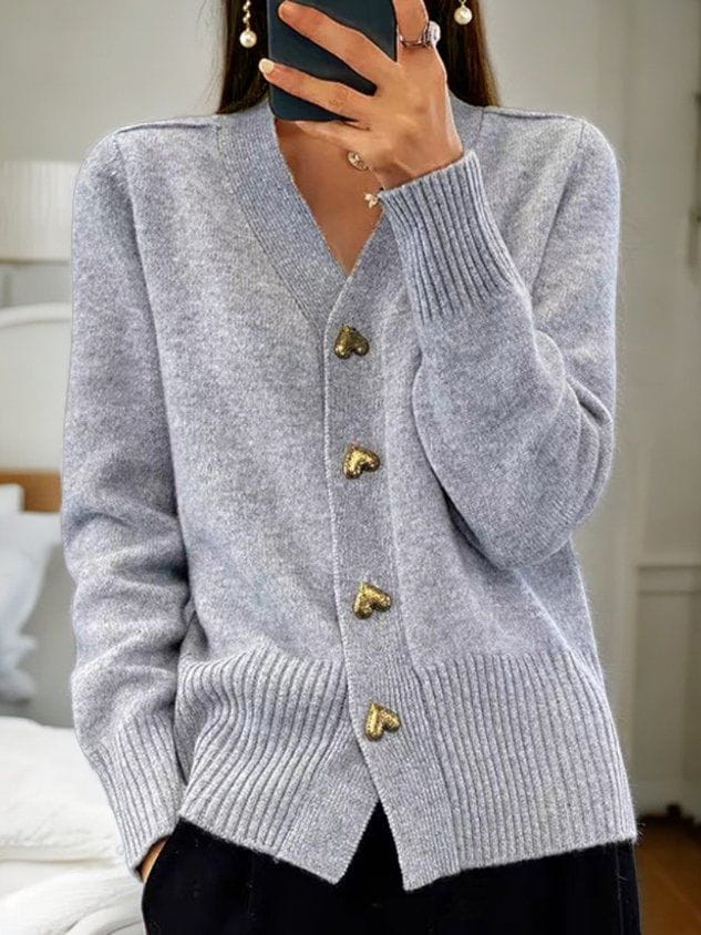Lavinque Cardigan Gris / S Gilet Noir à Boutons Cœur | Col V | Élégant & Confortable