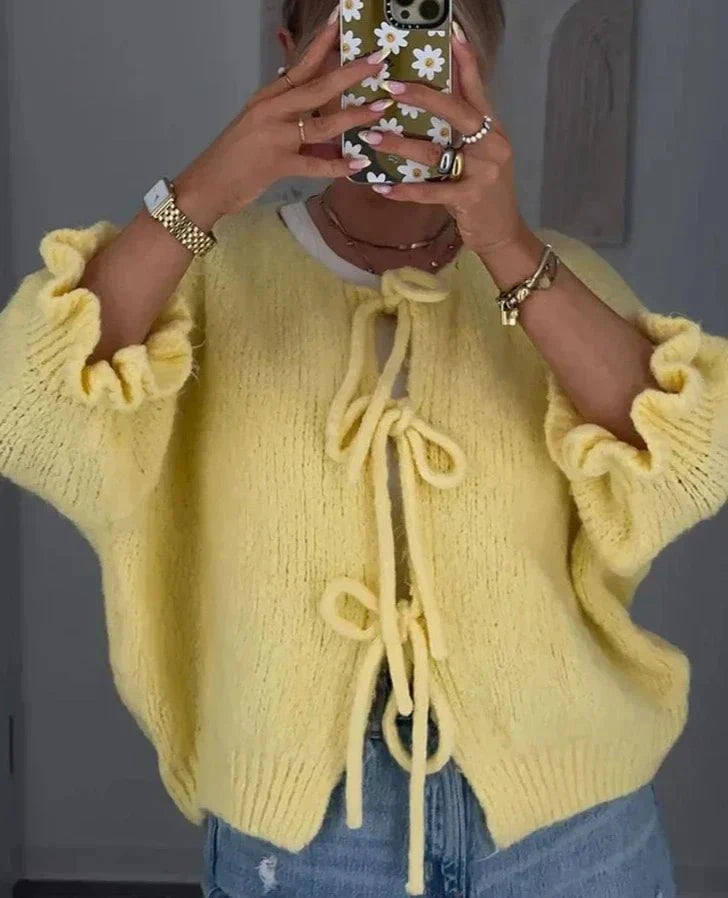 Lavinque Cardigan Jaune / S Cardigan Jaune Pastel à Nœuds | Manches Volants | Doux & Original