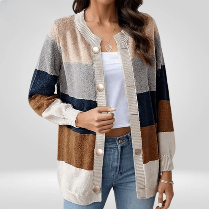 Lavinque Cardigan Kaki / S Cardigan Rayé | Boutons Élégants | Douceur et Style Décontracté