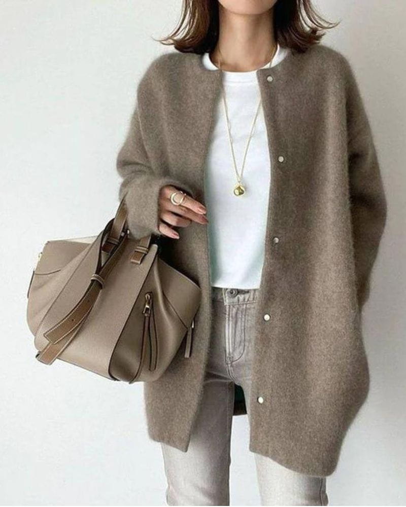 Lavinque Cardigan Marron-gris / S Cardigan Long en Laine | Gris | Élégant et Confortable