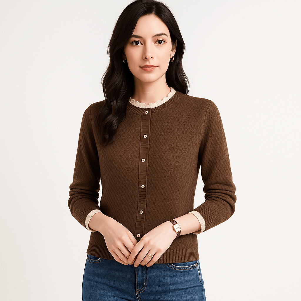 Lavinque Cardigan Marron / S Gilet à Dentelle Élégant | Boutons Dorés | Maille Texturée Chic