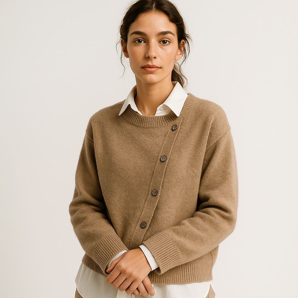 Lavinque Cardigan Marron / XS Cardigan Camel Asymétrique | Boutonné Original | Maille Douce & Moderne