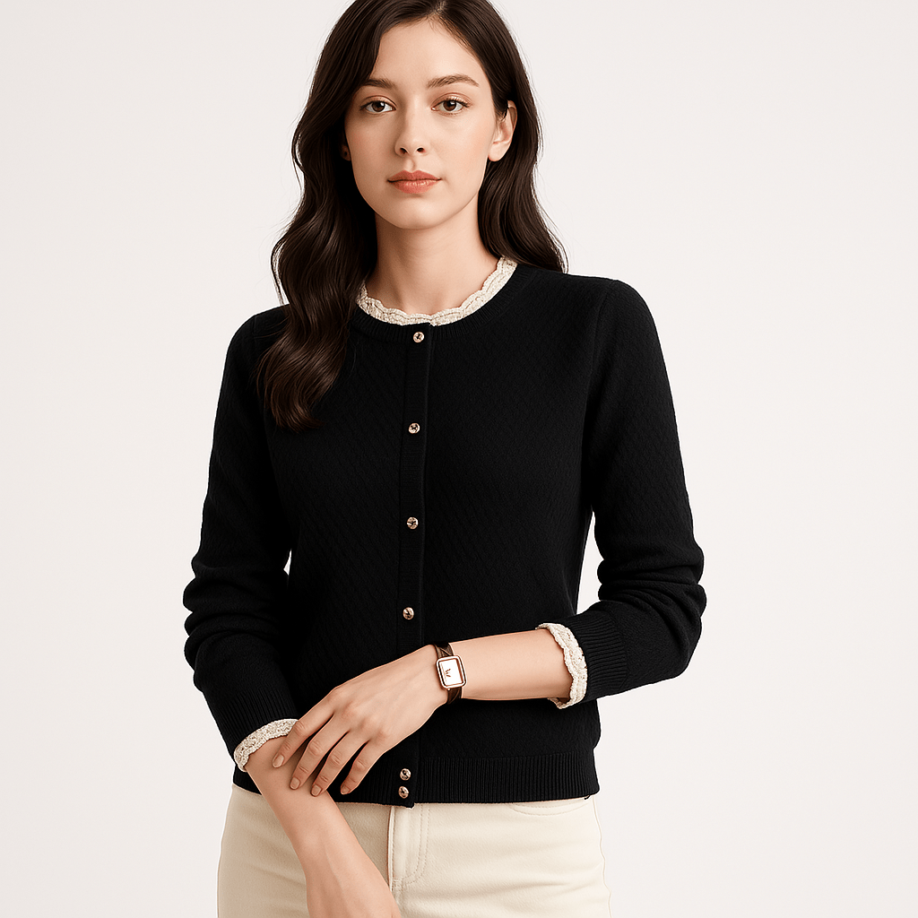 Lavinque Cardigan Noir / S Gilet à Dentelle Élégant | Boutons Dorés | Maille Texturée Chic
