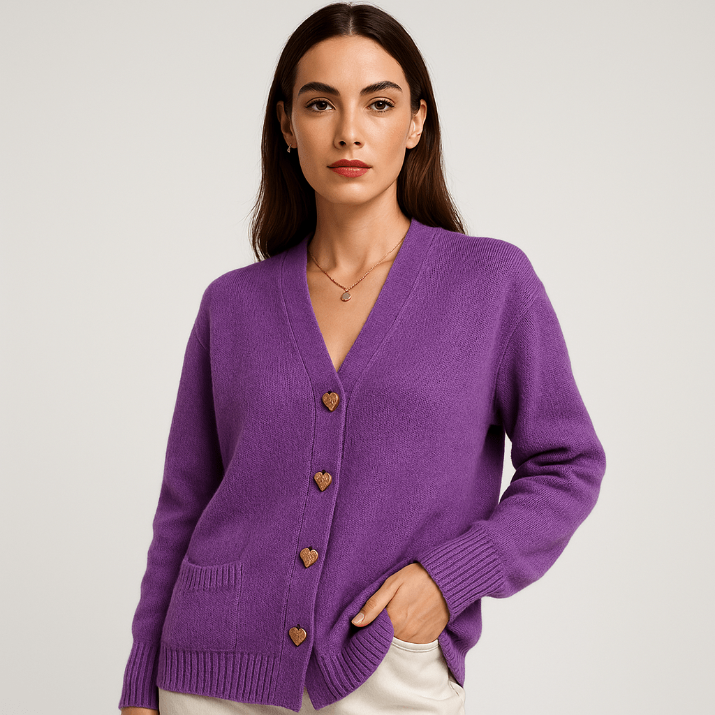 Lavinque Cardigan Pourpre / S Cardigan Gris | Col V & Boutons Effet Écaille | Maille Douce et Élégante