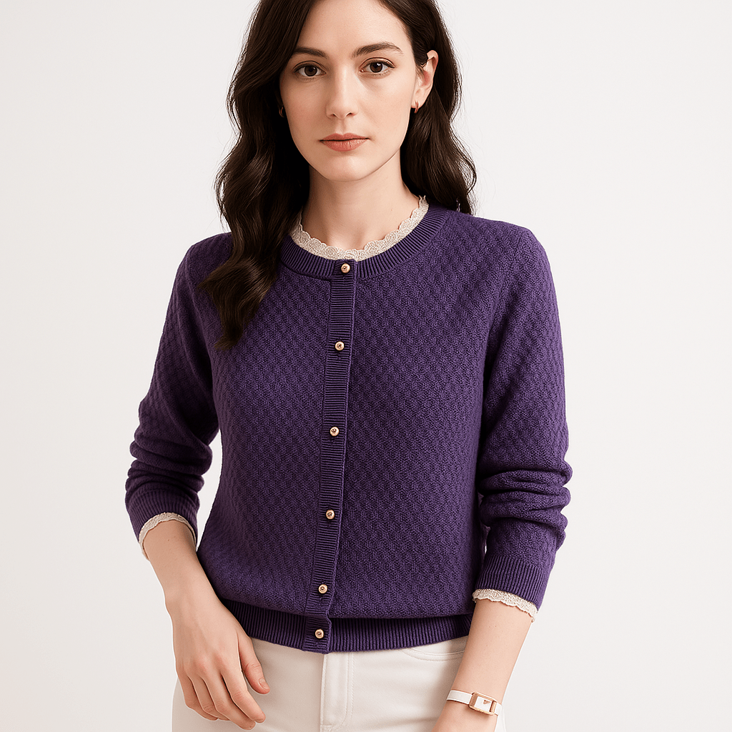 Lavinque Cardigan Pourpre / S Gilet à Dentelle Élégant | Boutons Dorés | Maille Texturée Chic