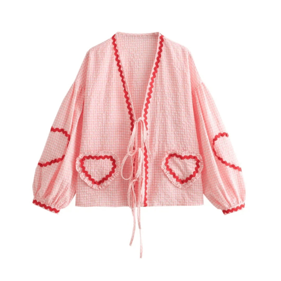 Lavinque Cardigan Rose / S Blouse Bohème | Beige et Rouge | Détails Cœur et Esprit Romantique