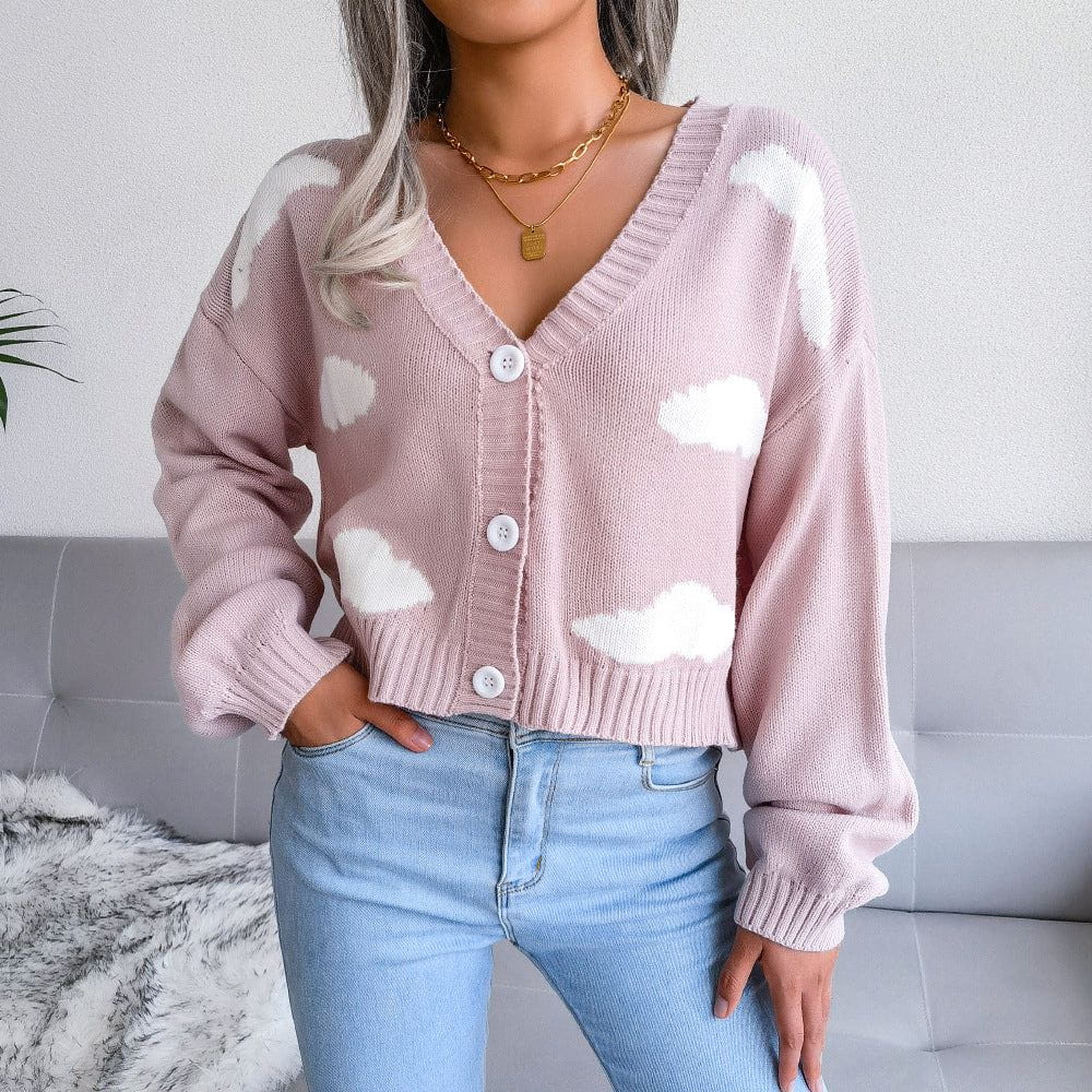 Lavinque Cardigan Rose / S Cardigan court imprimé nuages | Cardigan | Douceur et originalité au quotidien