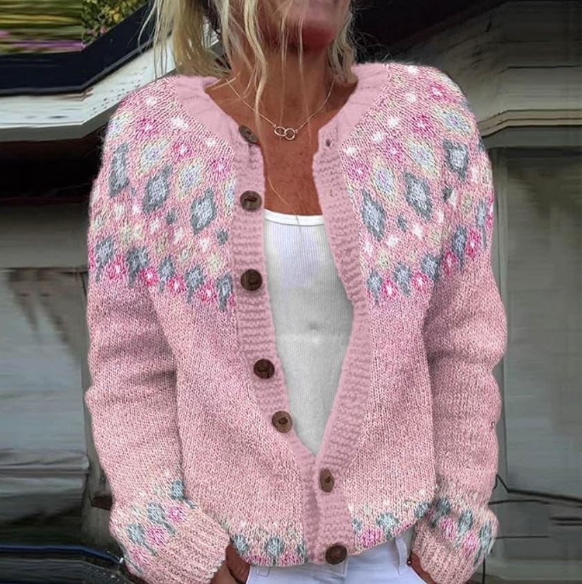 Lavinque Cardigan Rose / S Cardigan en maille jacquard | Rose | Chaleur et charme rétro