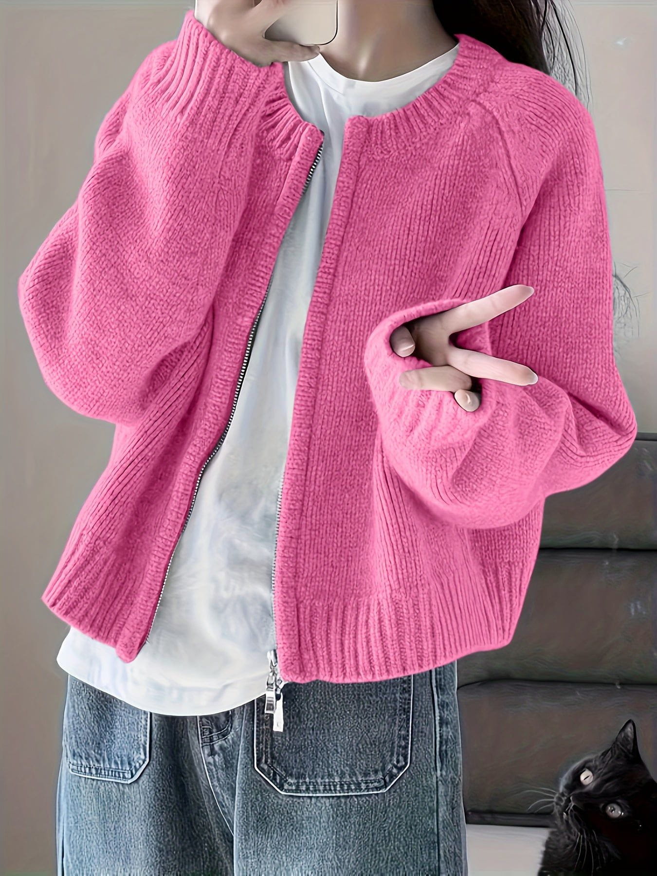 Lavinque Cardigan Rose / S Cardigan Oversize Zippé | Rose | Doux et Confortable