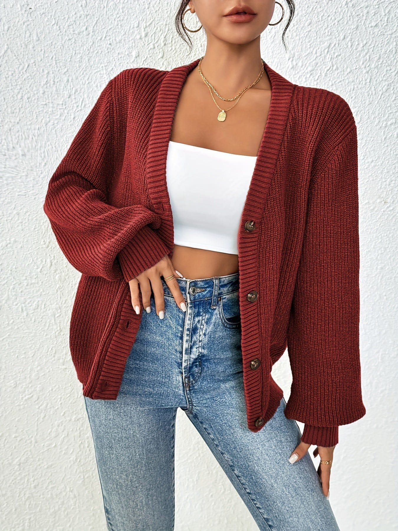 Lavinque Cardigan Rouge foncé / XS Gilet Brique à Col V | Boutonné | Doux et Facile à Superposer