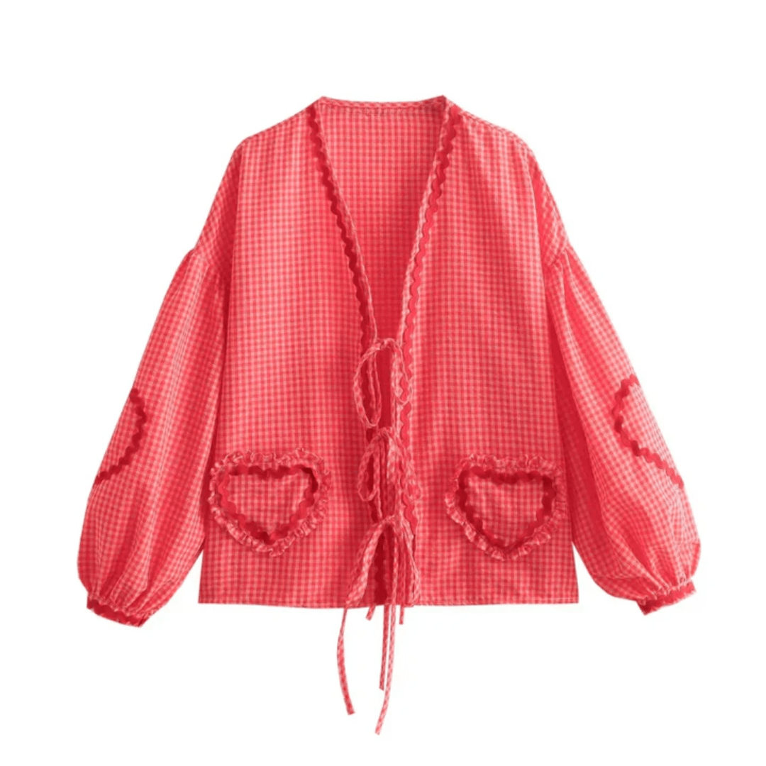 Lavinque Cardigan Rouge rosé / S Blouse Bohème | Beige et Rouge | Détails Cœur et Esprit Romantique
