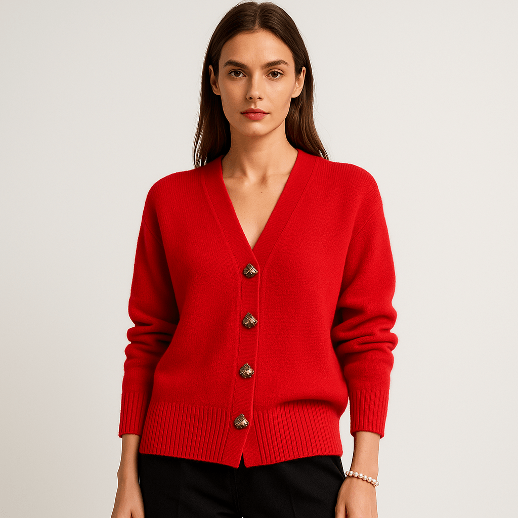 Lavinque Cardigan Rouge / S Cardigan Gris | Col V & Boutons Effet Écaille | Maille Douce et Élégante