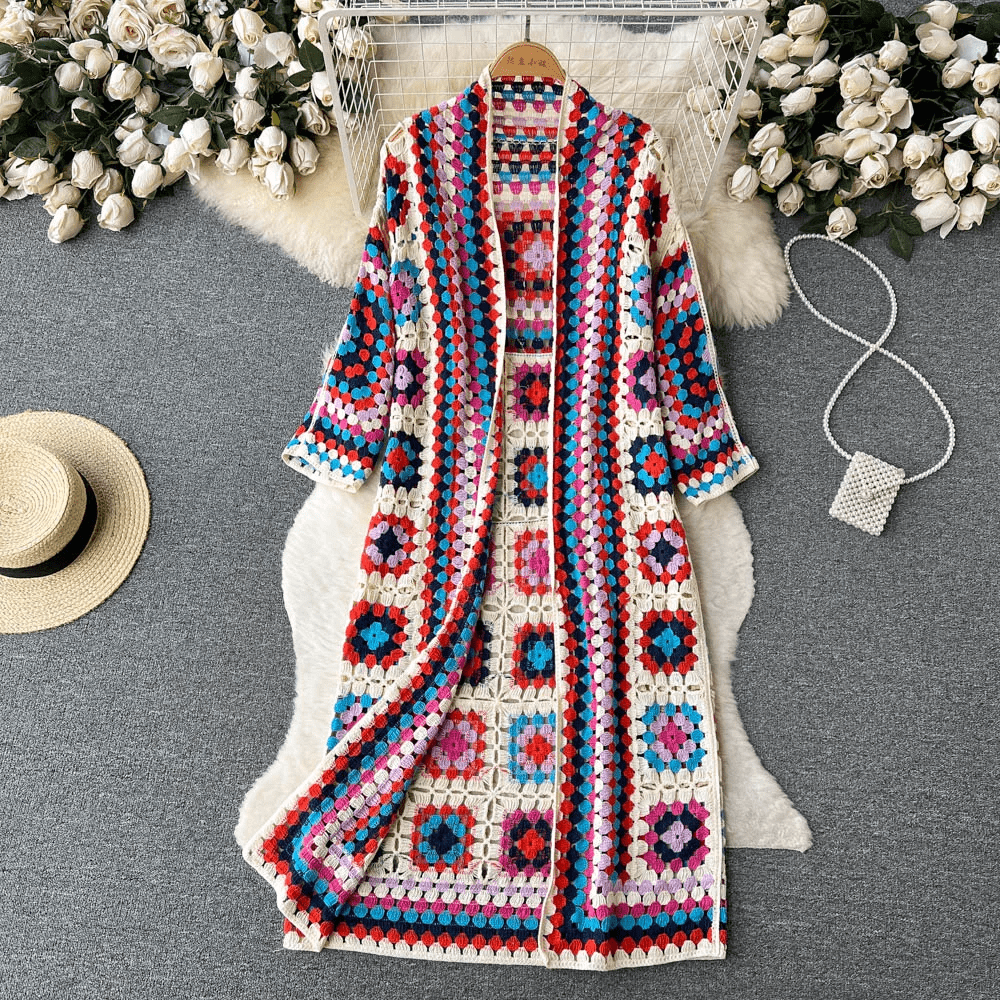 Lavinque Cardigan Rouge / Taille unique Cardigan Long au Crochet | Multicolore | Style Bohème et Authentique