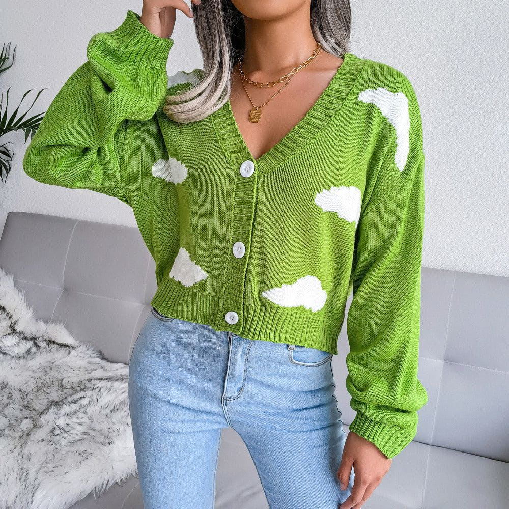 Lavinque Cardigan Vert / S Cardigan court imprimé nuages | Cardigan | Douceur et originalité au quotidien