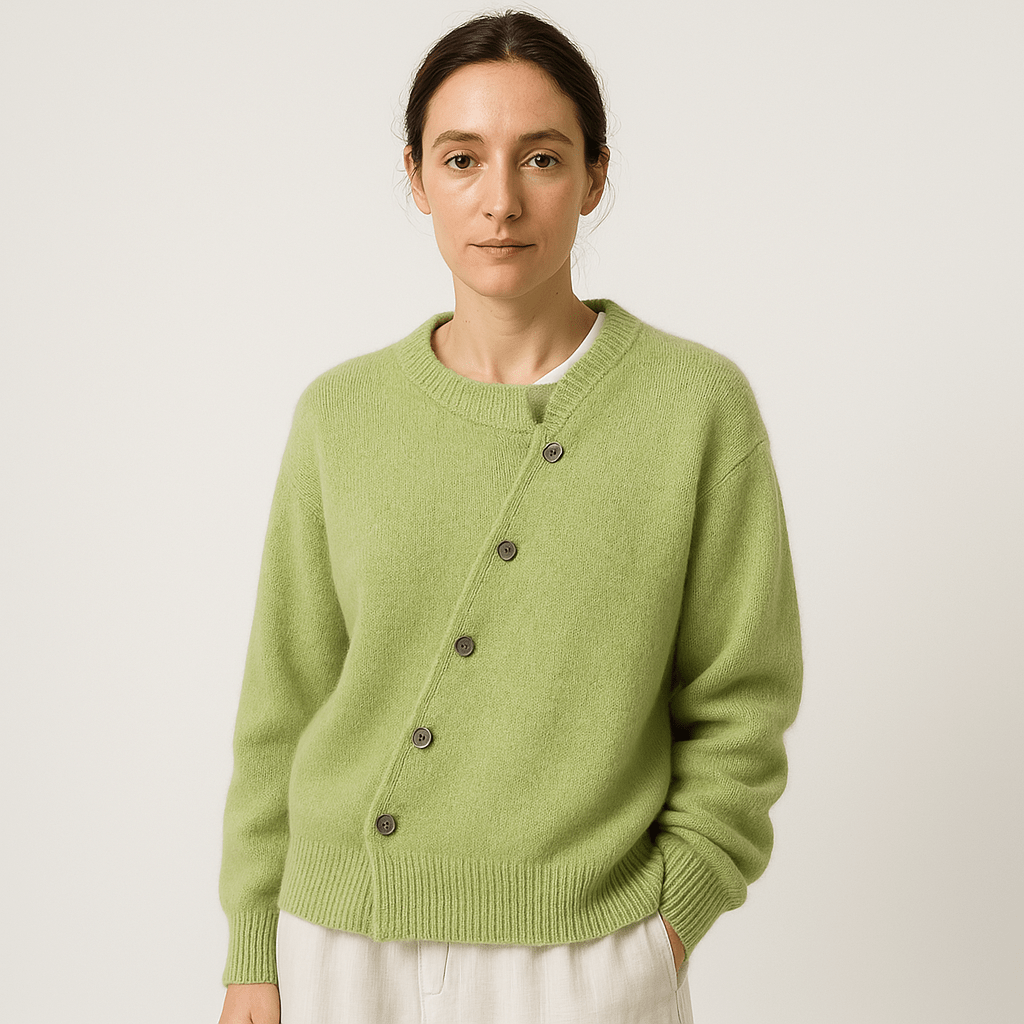Lavinque Cardigan Vert / XS Cardigan Camel Asymétrique | Boutonné Original | Maille Douce & Moderne