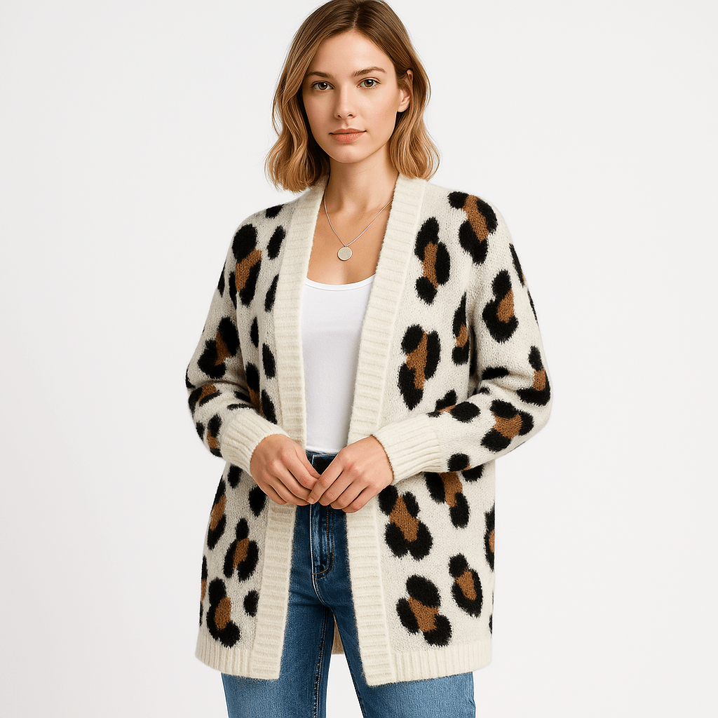 Lavinque Cardigans Blanc / XS Cardigan Léopard Long | Style Animalier Chic | Coupe Fluide et Douce