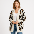 Lavinque Cardigans Blanc / XS Cardigan Léopard Long | Style Animalier Chic | Coupe Fluide et Douce