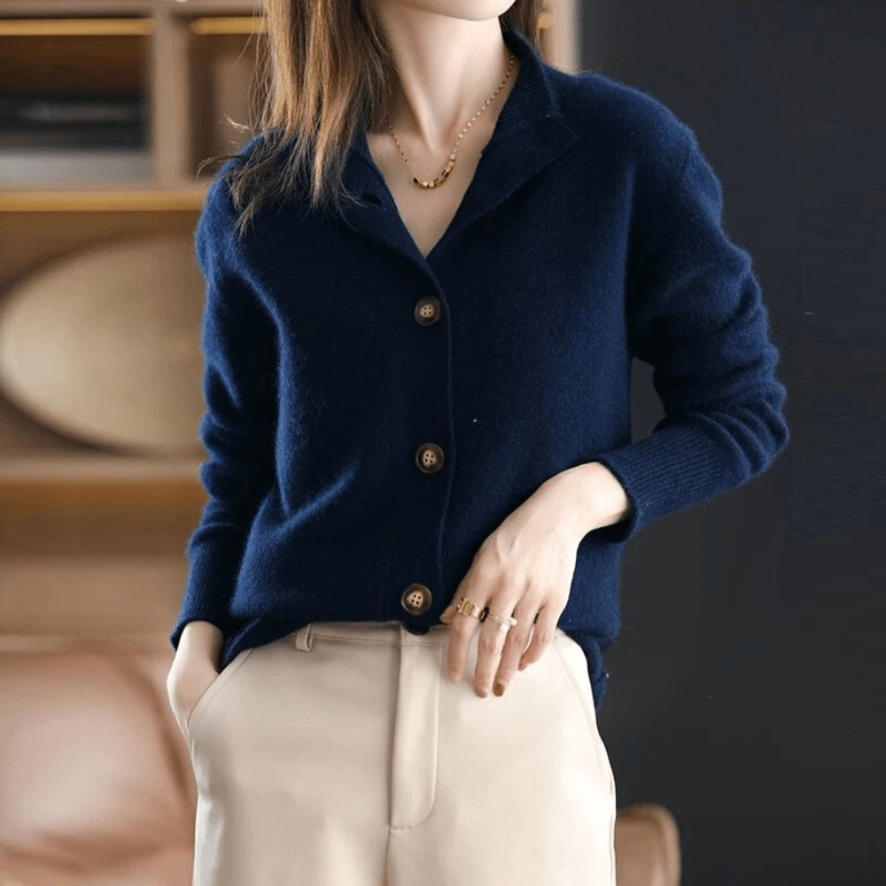 Lavinque Cardigans Bleu Marine / S Cardigan Doux à Col Chemise | Crème | Élégant et Confortable