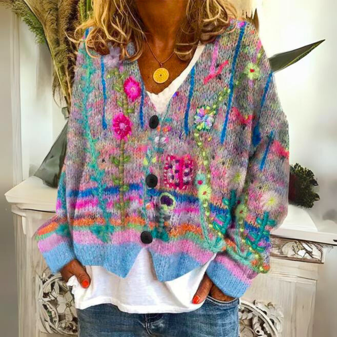 Lavinque Cardigans Bleu / S Gilet Oversize Multicolore | Motifs Artistiques | Bohème & Confortable