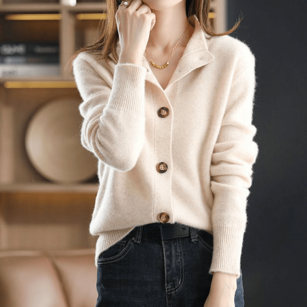 Lavinque Cardigans Cardigan Doux à Col Chemise | Crème | Élégant et Confortable
