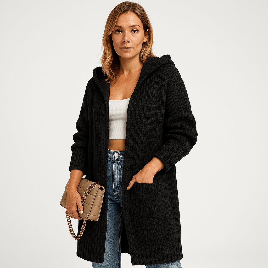 Lavinque Cardigans Cardigan Noir à Capuche | Long et Décontracté | Maille Confort