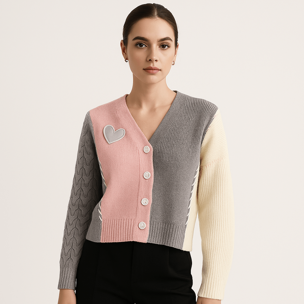 Lavinque Cardigans Cardigan Patchwork Cœur | Maille Texturée | Créatif, Doux & Tendance