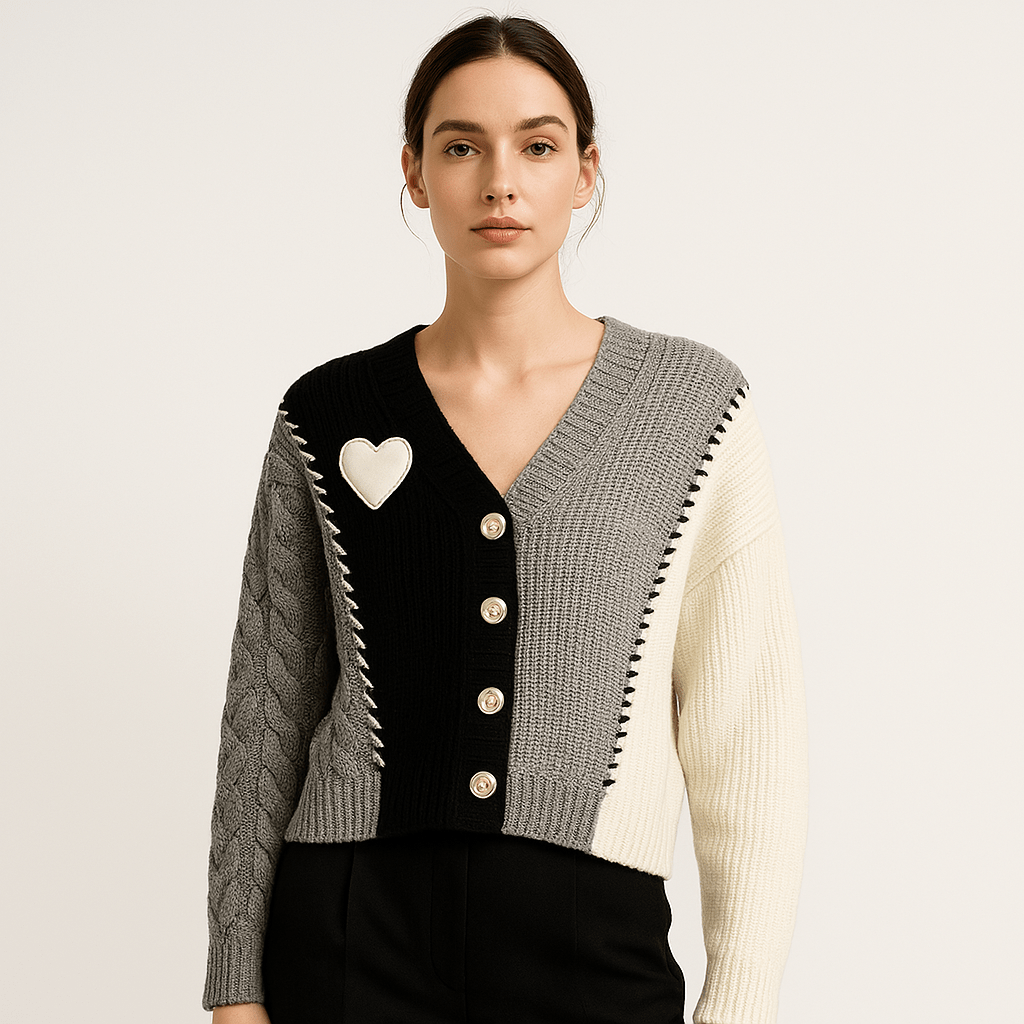 Lavinque Cardigans Cardigan Patchwork Cœur | Maille Texturée | Créatif, Doux & Tendance