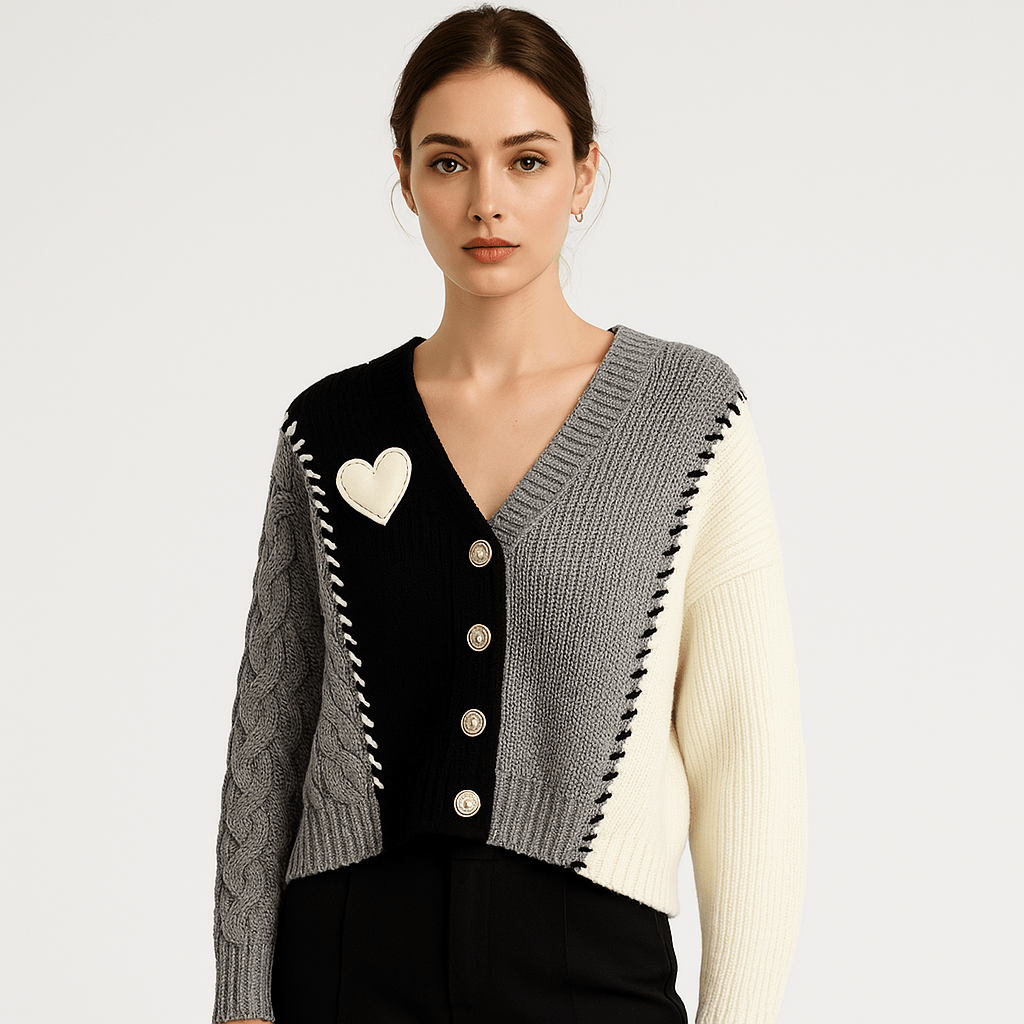 Lavinque Cardigans Cardigan Patchwork Cœur | Maille Texturée | Créatif, Doux & Tendance