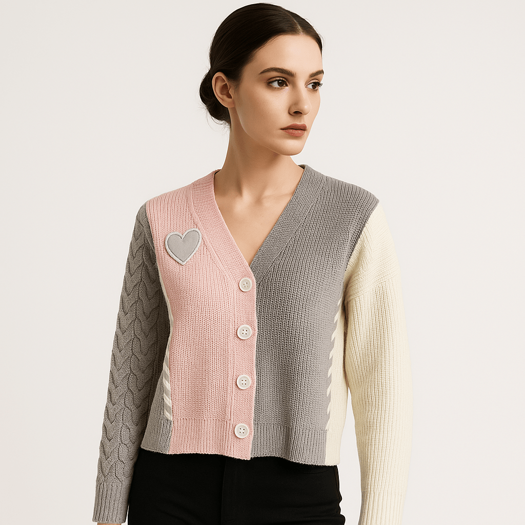 Lavinque Cardigans Cardigan Patchwork Cœur | Maille Texturée | Créatif, Doux & Tendance