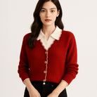 Lavinque Cardigans Cardigan Rouge Bordures Ondulées | Élégance Contrastée | Style Preppy et Féminin