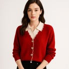 Lavinque Cardigans Cardigan Rouge Bordures Ondulées | Élégance Contrastée | Style Preppy et Féminin