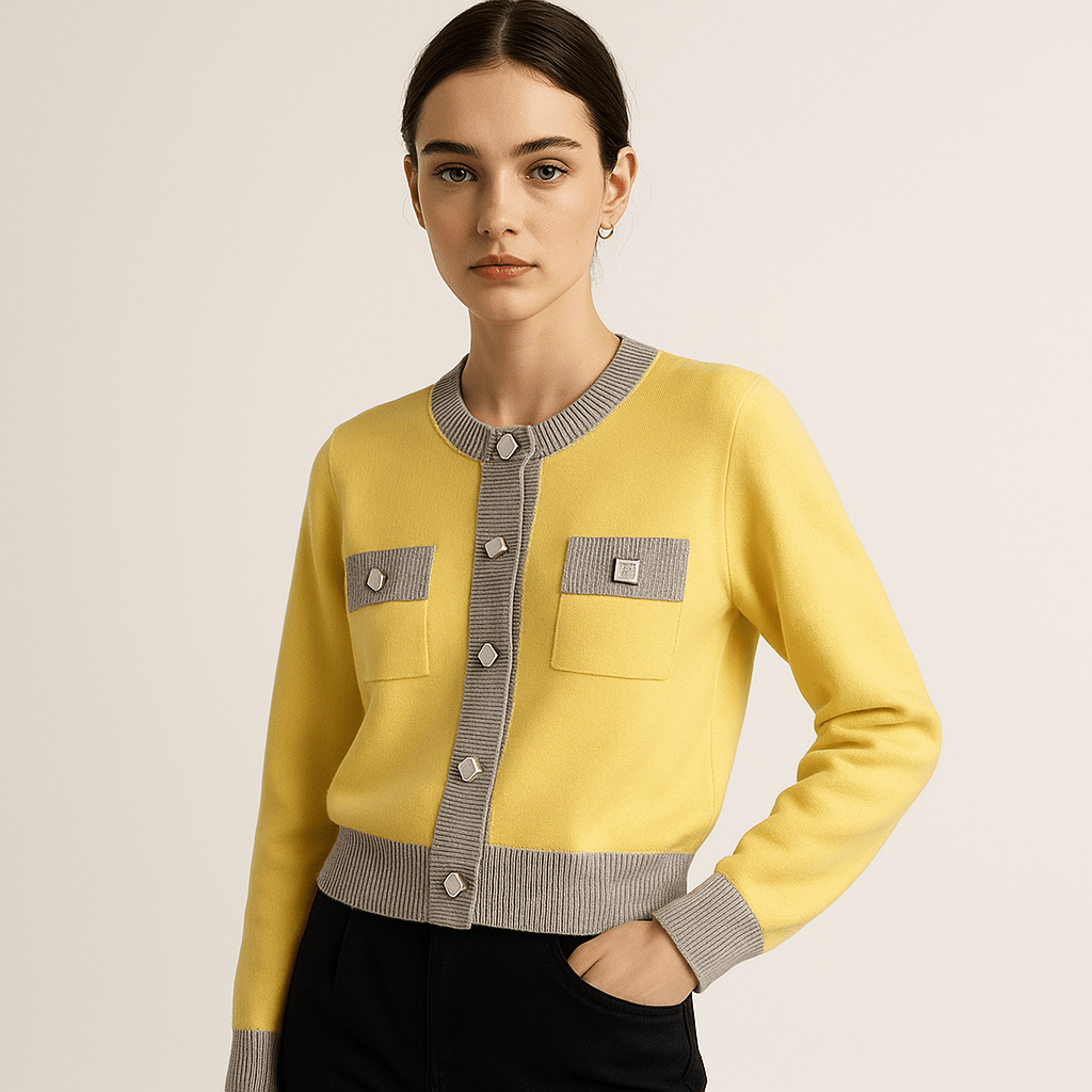 Lavinque Cardigans Jaune / XS Cardigan Bicolore Jaune | Tricot Coton & Acrylique | Élégance Printanière
