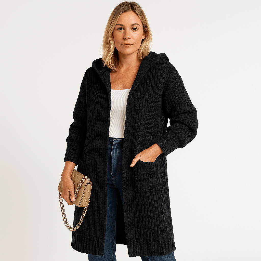 Lavinque Cardigans Noir / S Cardigan Noir à Capuche | Long et Décontracté | Maille Confort