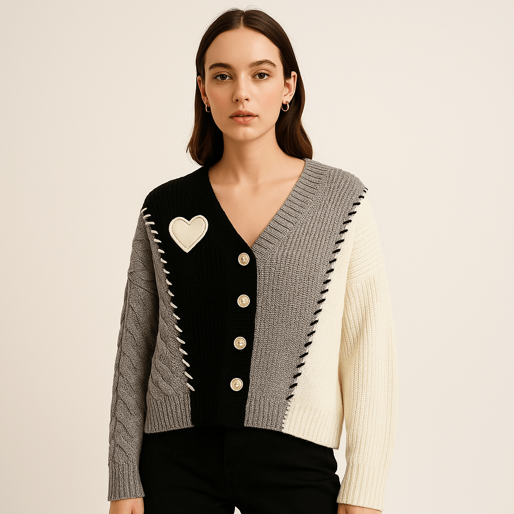 Lavinque Cardigans Noir / XS Cardigan Patchwork Cœur | Maille Texturée | Créatif, Doux & Tendance