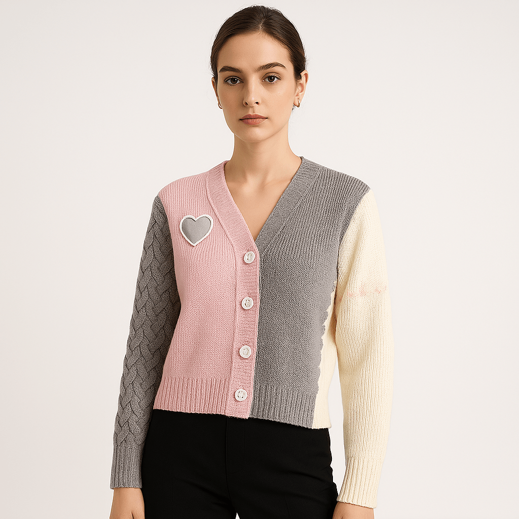 Lavinque Cardigans Rose / XS Cardigan Patchwork Cœur | Maille Texturée | Créatif, Doux & Tendance
