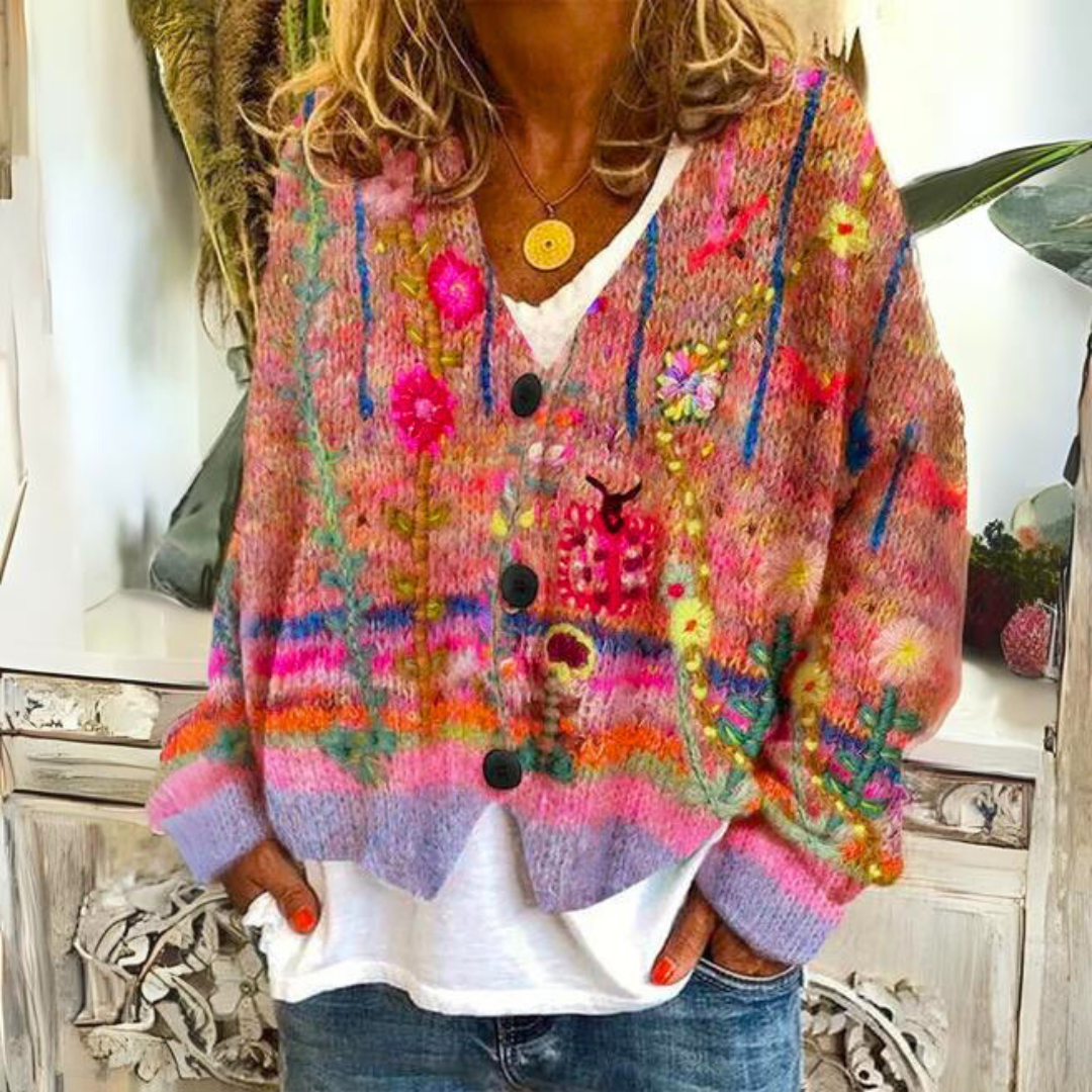 Lavinque Cardigans Rouge / S Gilet Oversize Multicolore | Motifs Artistiques | Bohème & Confortable