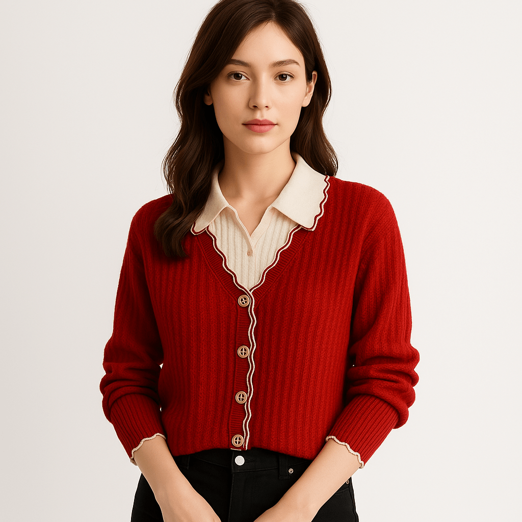 Lavinque Cardigans Rouge / XS Cardigan Rouge Bordures Ondulées | Élégance Contrastée | Style Preppy et Féminin