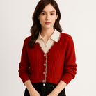 Lavinque Cardigans Rouge / XS Cardigan Rouge Bordures Ondulées | Élégance Contrastée | Style Preppy et Féminin
