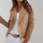 Lavinque Coats & Jacket Veste Motard en Suédine | Marron Caramel | Tendance et Structurée