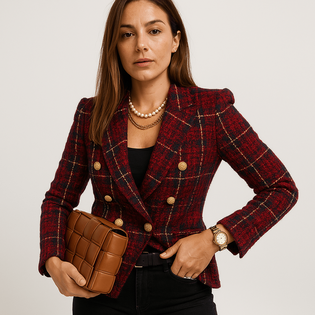 Lavinque Coats & Jackets Blazer à Carreaux Camel & Noir | Boutons Dorés | Élégance Structurée