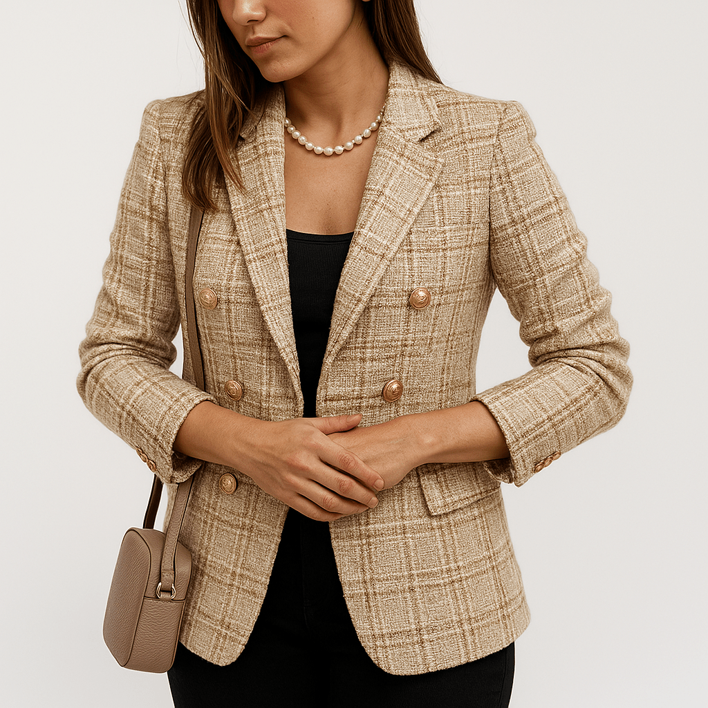Lavinque Coats & Jackets Blazer à Carreaux Camel & Noir | Boutons Dorés | Élégance Structurée